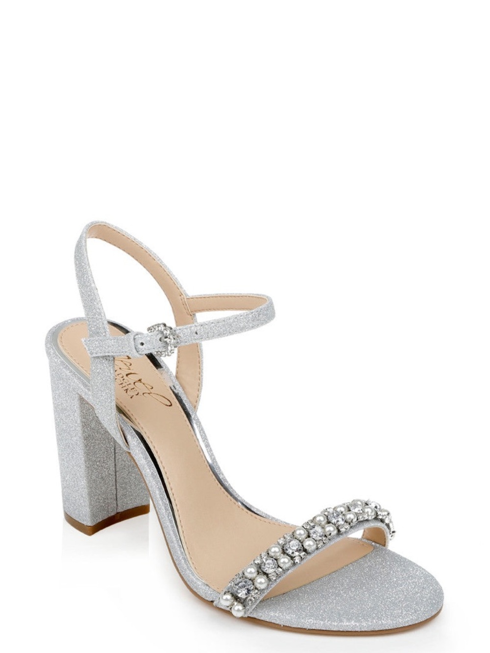The Jewel Badgley Mischka Dee Pearl and Crystal High Block Heels - Size 9